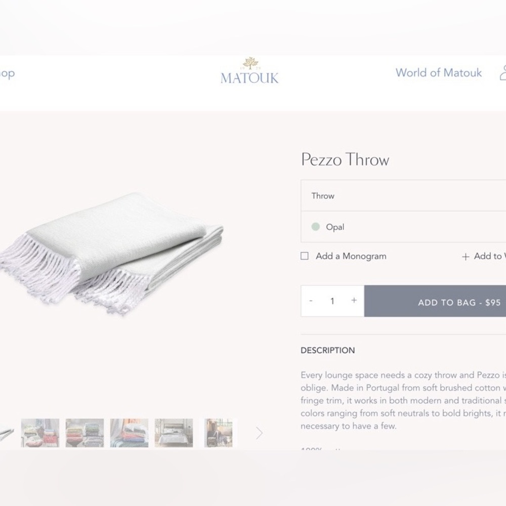 MATOUK Pezzo Throw. OPAL. 50”x 70” BRAND NEW Unused Unopened item.